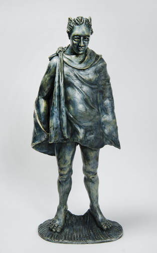 MERCURY is a free standing male figure frontally posed with hands hidden under a short cloak and with legs exposed.