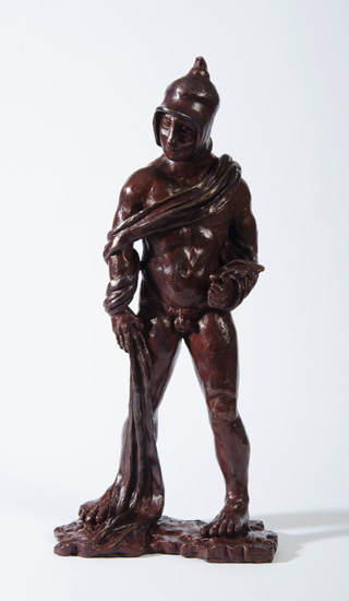 PROMETHEUS, one of the Titans in Greek myth; a standing nude male wearing a Mycenaean helmet with drapery over left shoulder, both arms and falling down right leg to ground. 