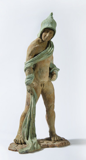 PROMETHEUS, one of the Titans in Greek myth; a standing nude male wearing a Mycenaean helmet with drapery over left shoulder, both arms and falling down right leg to ground. 