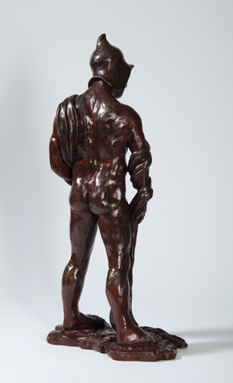 PROMETHEUS, one of the Titans in Greek myth; a standing nude male wearing a Mycenaean helmet with drapery over left shoulder, both arms and falling down right leg to ground. 