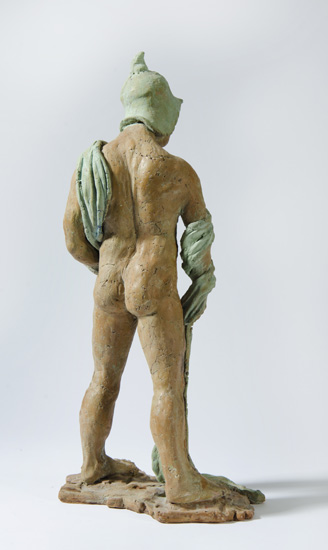 based on the myth of Daphne and Apollo, is a standing nude figure with arms and legs extended in a contrapposto pose and covered in vines as she transforms into a tree.
