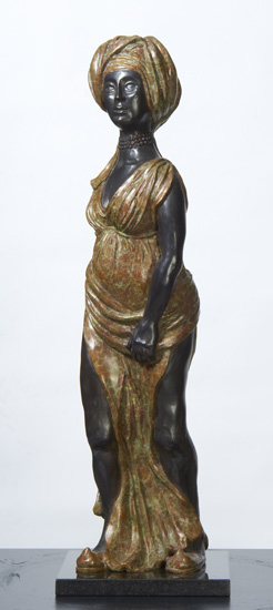 SOPHIA, inspired by the head of Judith in a painting by the Baroque artist Francesco Cairo, is a draped figure wearing a turban with one foot forward and a slight twist to shoulders and hips.