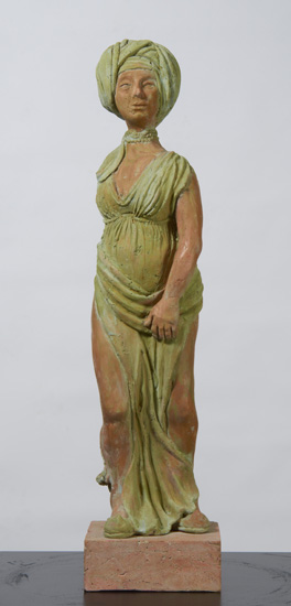 SOPHIA, inspired by the head of Judith in a painting by the Baroque artist Francesco Cairo, is a draped figure wearing a turban with one foot forward and a slight twist to shoulders and hips. 
