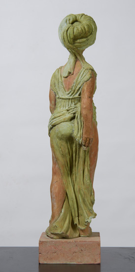 SOPHIA, inspired by the head of Judith in a painting by the Baroque artist Francesco Cairo, is a draped figure wearing a turban with one foot forward and a slight twist to shoulders and hips. 