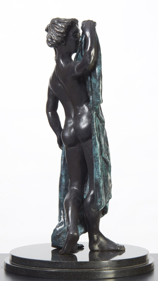SUSANNAH, based on the myth of Susannah and the Elders, is a standing nude figure in a contrapposto pose who appears to be stepping forward holding drapery in front of her. 