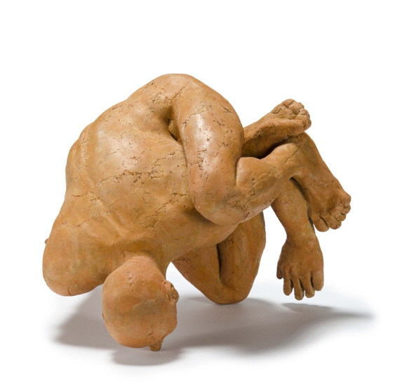 TUMBLER was developed from a crouching nude male model with one arm extended which allowed for the figure, when finished, to be flipped upside down and sideways so as to suggest an acrobat. 