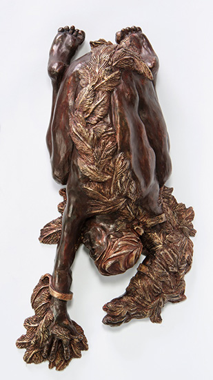 ICARUS by Janet Hunter in Greek myth made wings of wax in order to fly but flew too close to the sun melting the wax; a crouching winged man, arms extended in free fall; an allegory for hubris