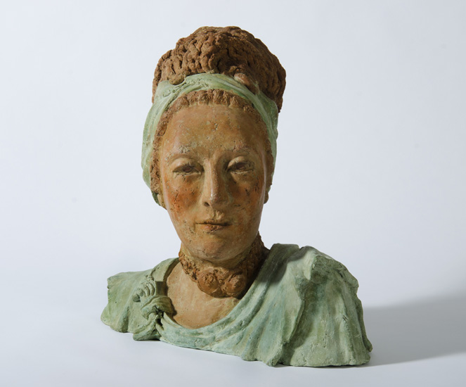 SHEBA, myhto-historical bust of a draped woman with headband and dreadlocks, head turned to the left. 